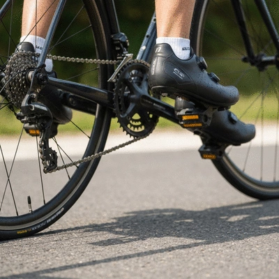 Cyclist wearing cycling shoes on a bike