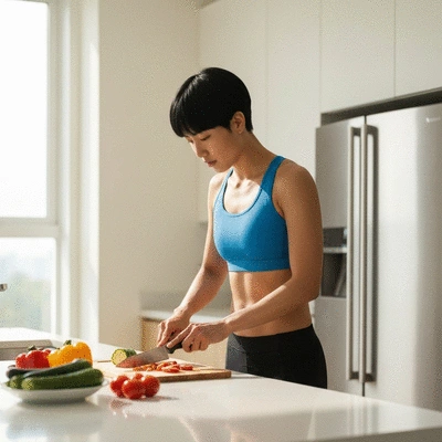 Cyclist preparing a healthy meal with fresh vegetables
