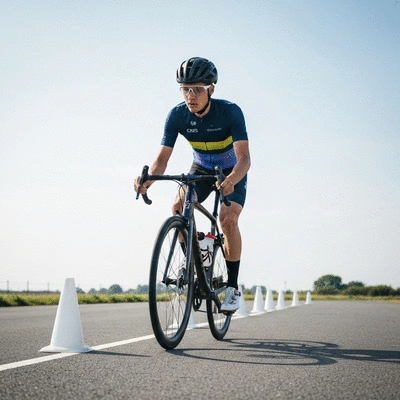 Cyclist practicing smooth braking in a controlled environment with cones, demonstrating focus and technique