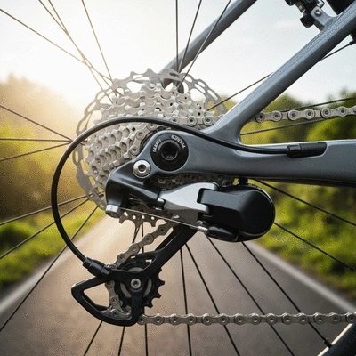Close up of a bicycle drivetrain and gears during an uphill ascent