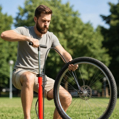 Cyclist checking tire pressure with a pump