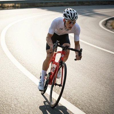 Cyclist leaning into a smooth asphalt turn on a road bike