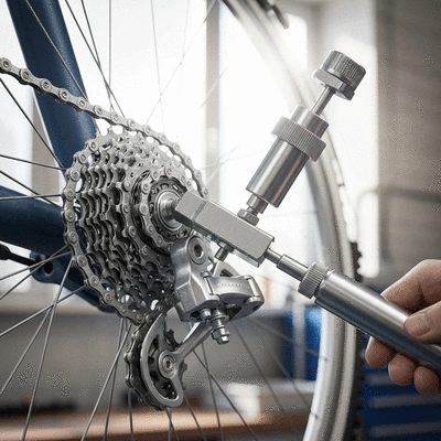 Close-up of a clean bicycle chain and derailleur being lubricated