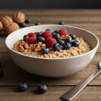 Bowl of oatmeal with berries and nuts on a wooden table