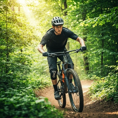 Professional mountain biker wearing protective equipment and helmet on a forest trail