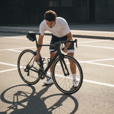 Cyclist checking tire pressure before a ride