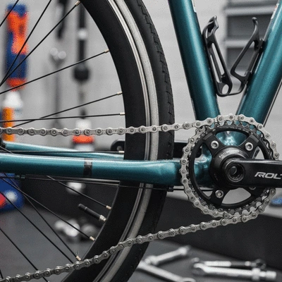 Close-up of a clean, lubricated bike chain on a bicycle, with tools in the background, no text, no words, no typography, clean image