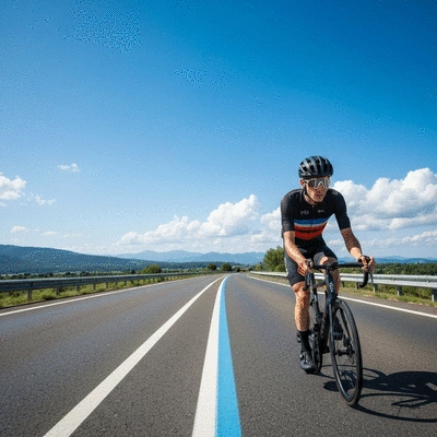 Cyclist wearing a modern, well-fitted helmet on a scenic road, symbolizing safety and performance