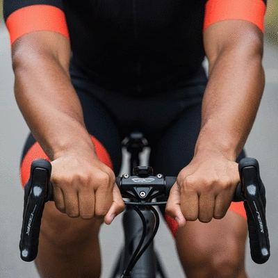 Close-up of a cyclist's hands on bicycle brake levers, demonstrating proper grip and control, with a blurred road background