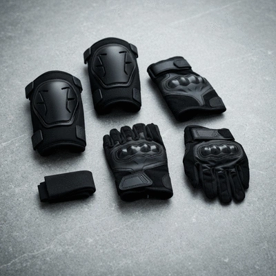 Close up of high quality mountain bike knee pads and riding gloves on a clean surface