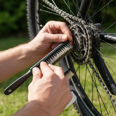 Bicycle chain being cleaned with a specialized brush and cleaning solution, hands visible, outdoor setting, no text, no words, no typography, clean image