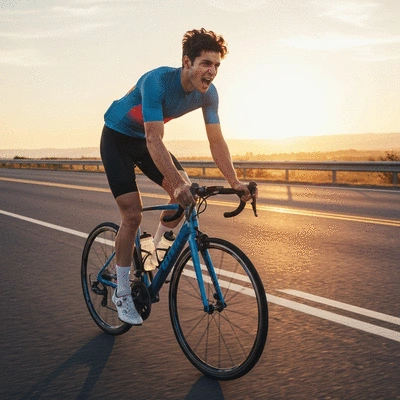 Cyclist training on a road bike during sunrise
