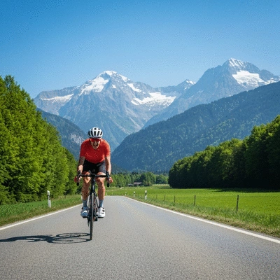 Cyclist on a road bike looking determined, with a clear blue sky and mountains in the background, symbolizing clear goals and motivation, no text, no words, no typography, 8K