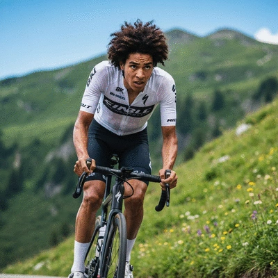 Cyclist climbing a steep hill, showing effort and progressive overload in action, with a scenic outdoor background, no text, no words, no typography, 8K
